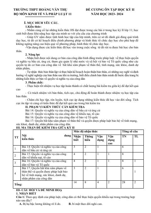 Đề cương ôn tập Học kì 2 KTPL 11 năm 2023–2024 trường THPT Hoàng Văn Thụ (Hà Nội)
